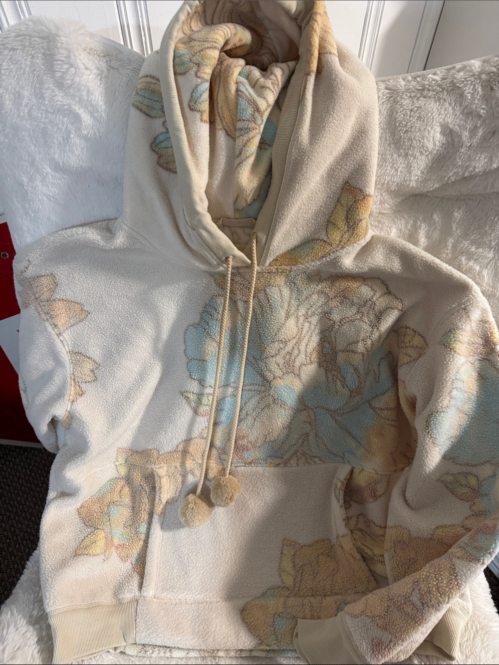 Free People Cream Sherpa Hoodie with Pastel Blue & Yellow Floral Print